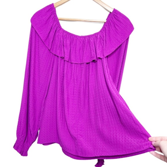 New with Tag Knox Rose Womens Purple Ruffle Polka Dot Texture Long Sleeve Blouse - Picture 9 of 16